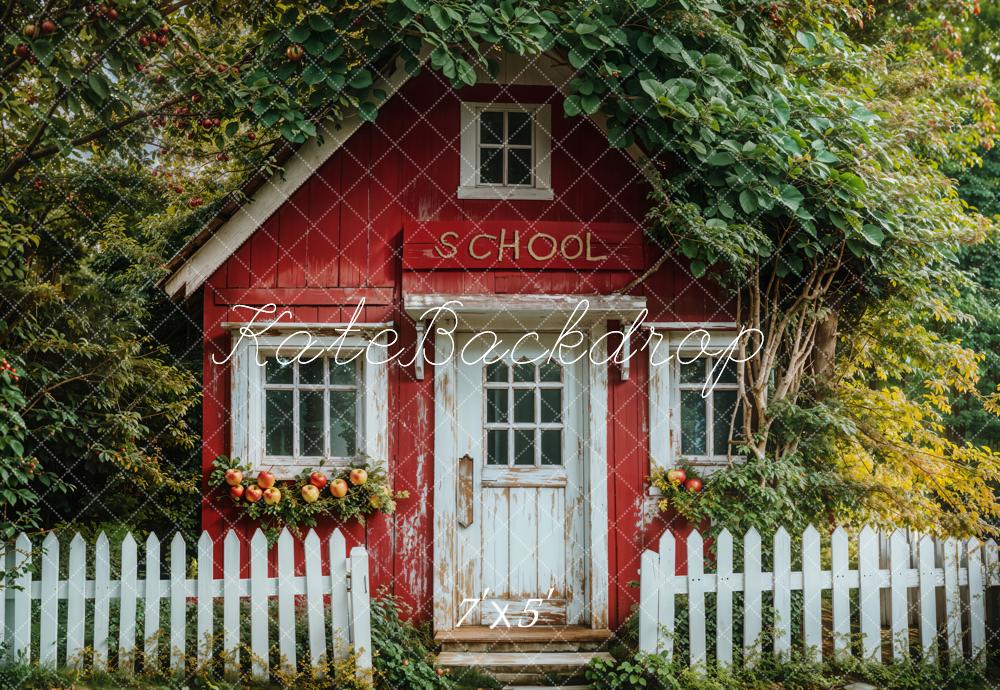 Kate Back to School Red Cottage Apples Fence Backdrop Designed by Emetselch - Kate Backdrop AU