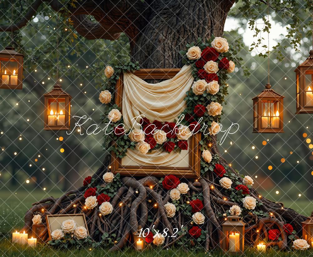 Kate Wedding Tree Roots Lantern Roses Backdrop Designed by Mini MakeBelieve