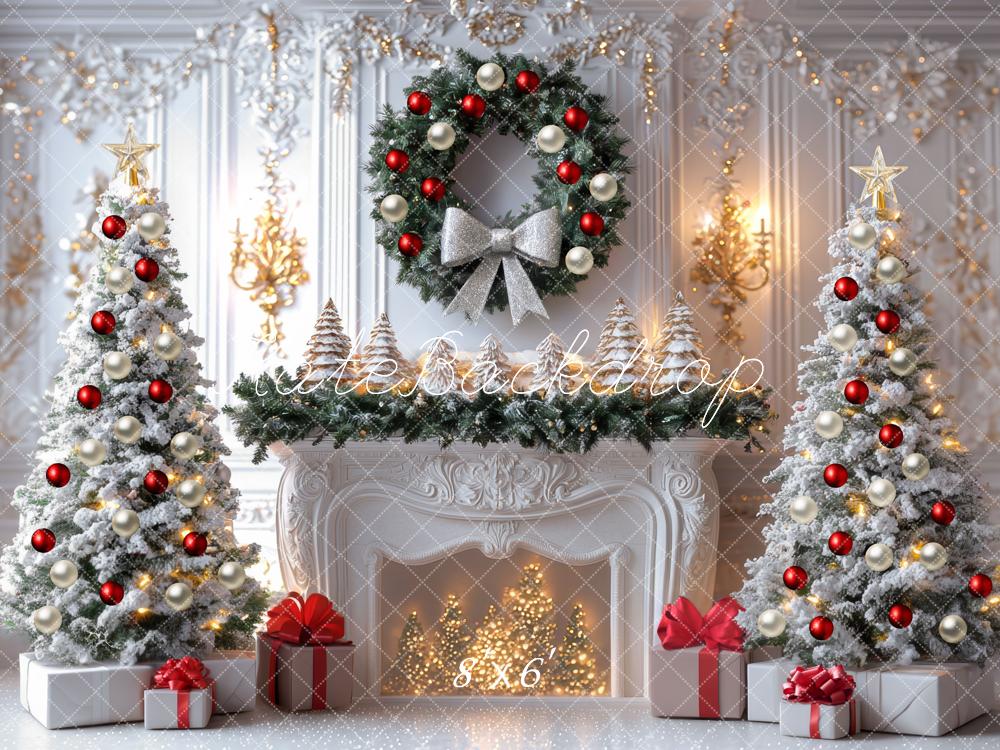 Kate Christmas Trees Fireplace Wreath Gifts Backdrop Designed by Mini MakeBelieve - Kate Backdrop AU