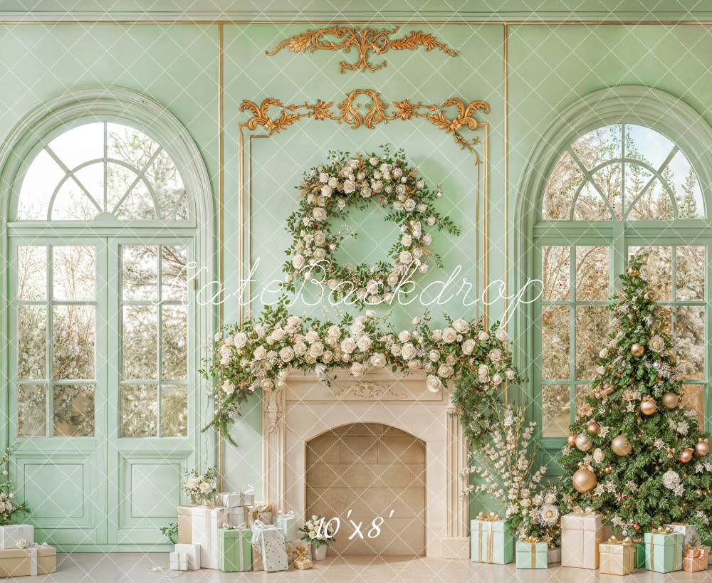 Kate Christmas Fireplace Floral Green Fleece Backdrop Designed by Emetselch - Kate Backdrop AU