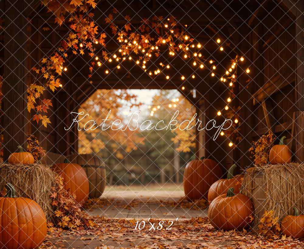 Kate Autumn Pumpkins Hay Barn Lights Backdrop Designed by Emetselch