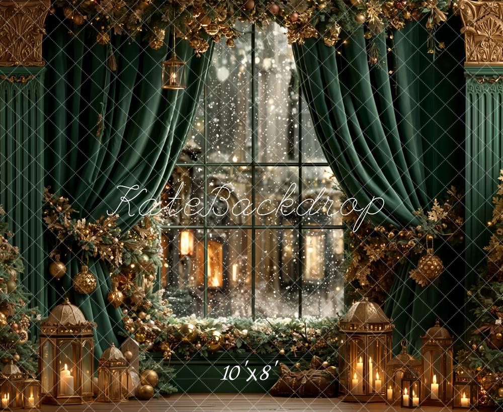 Kate Christmas Green Curtains Window Fleece Backdrop Designed by Emetselch - Kate Backdrop AU