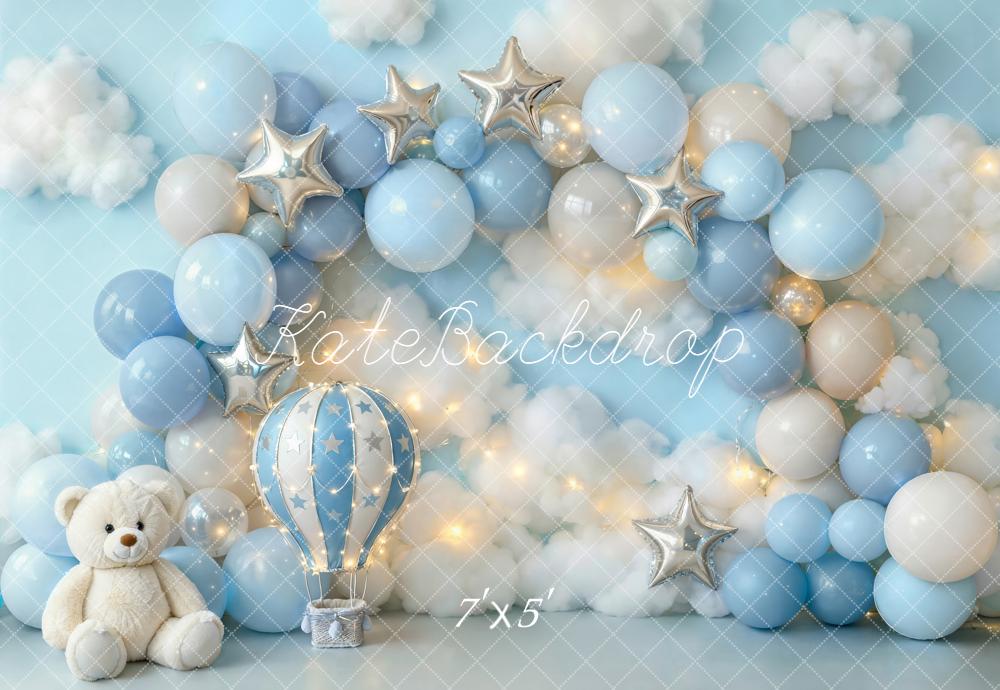 Kate Blue Balloons Clouds Teddy Bear Hot Air Backdrop Designed by Emetselch