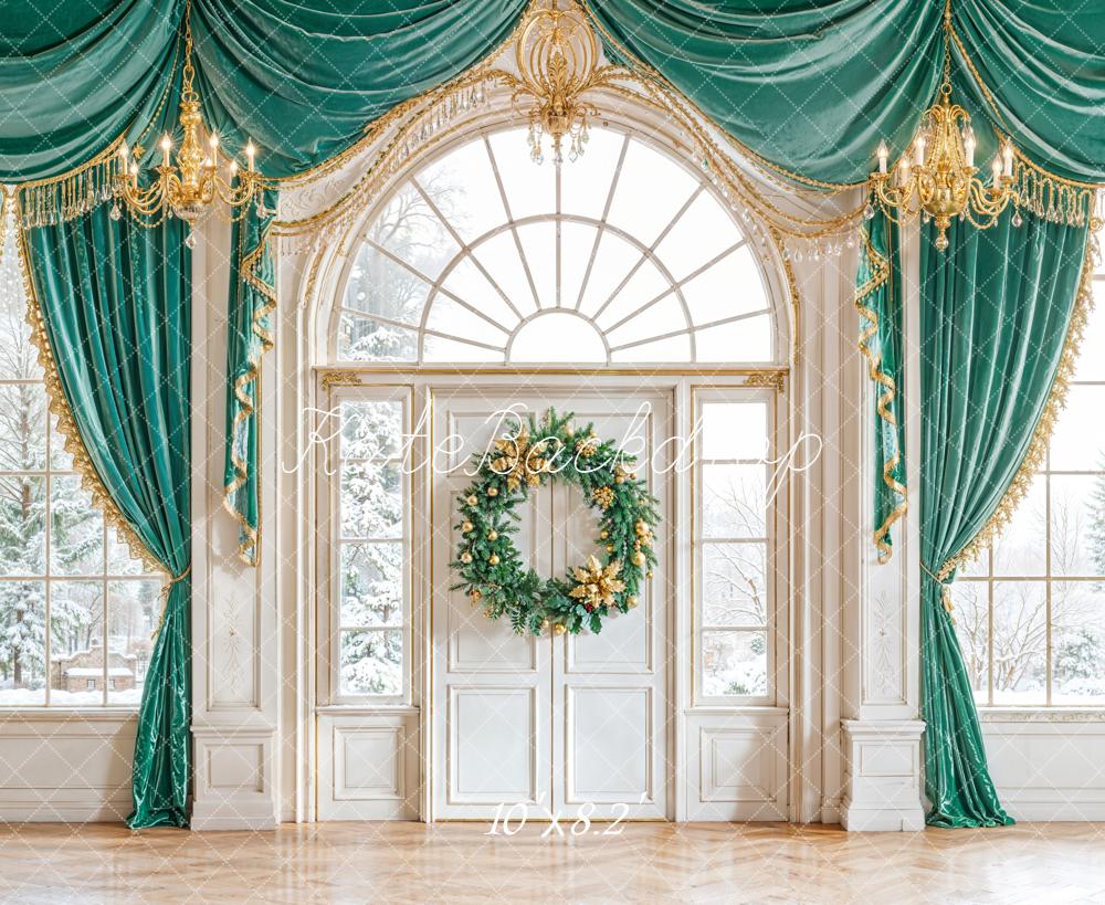 Kate Christmas Green Curtains Windows Backdrop Designed by Emetselch - Kate Backdrop AU