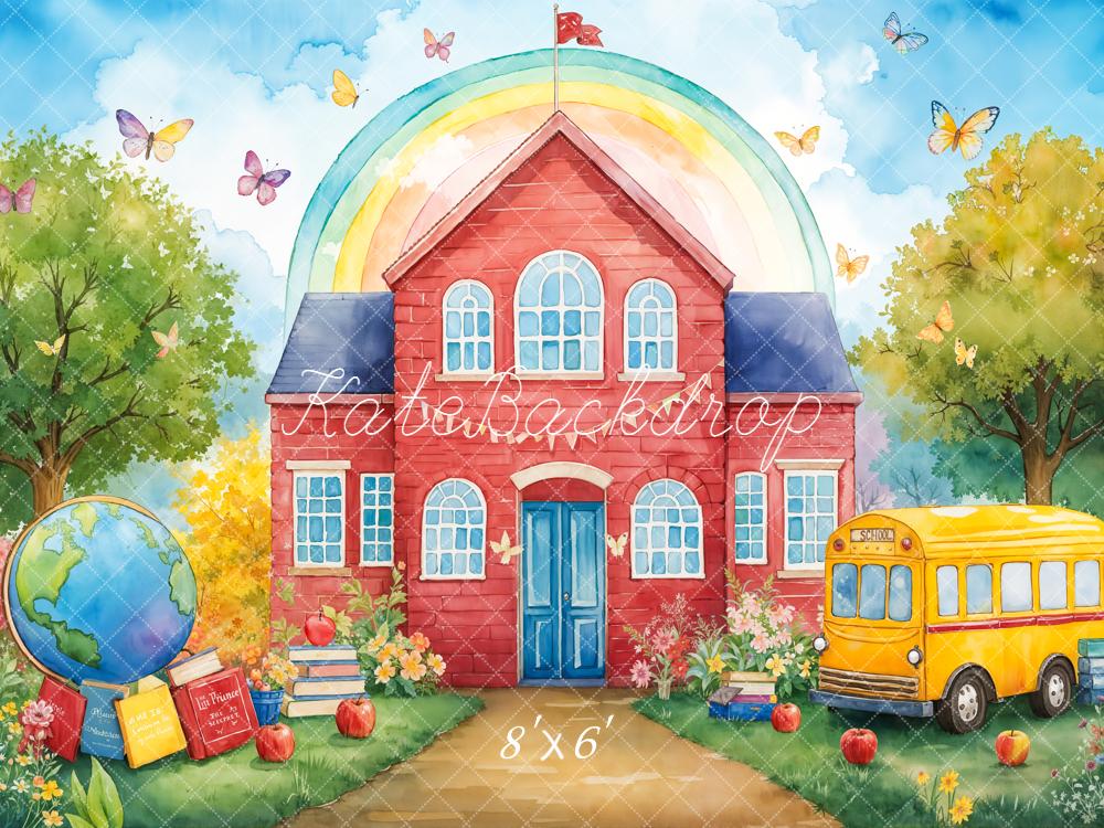 Kate Red Schoolhouse Rainbow Bus Backdrop Designed by Emetselch - Kate Backdrop AU
