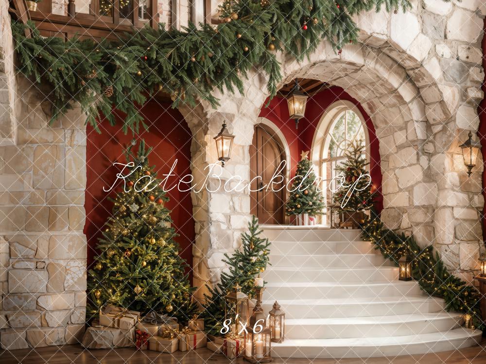 Kate Christmas Cascading Stairs Stone Arch Fleece Backdrop Designed by Emetselch