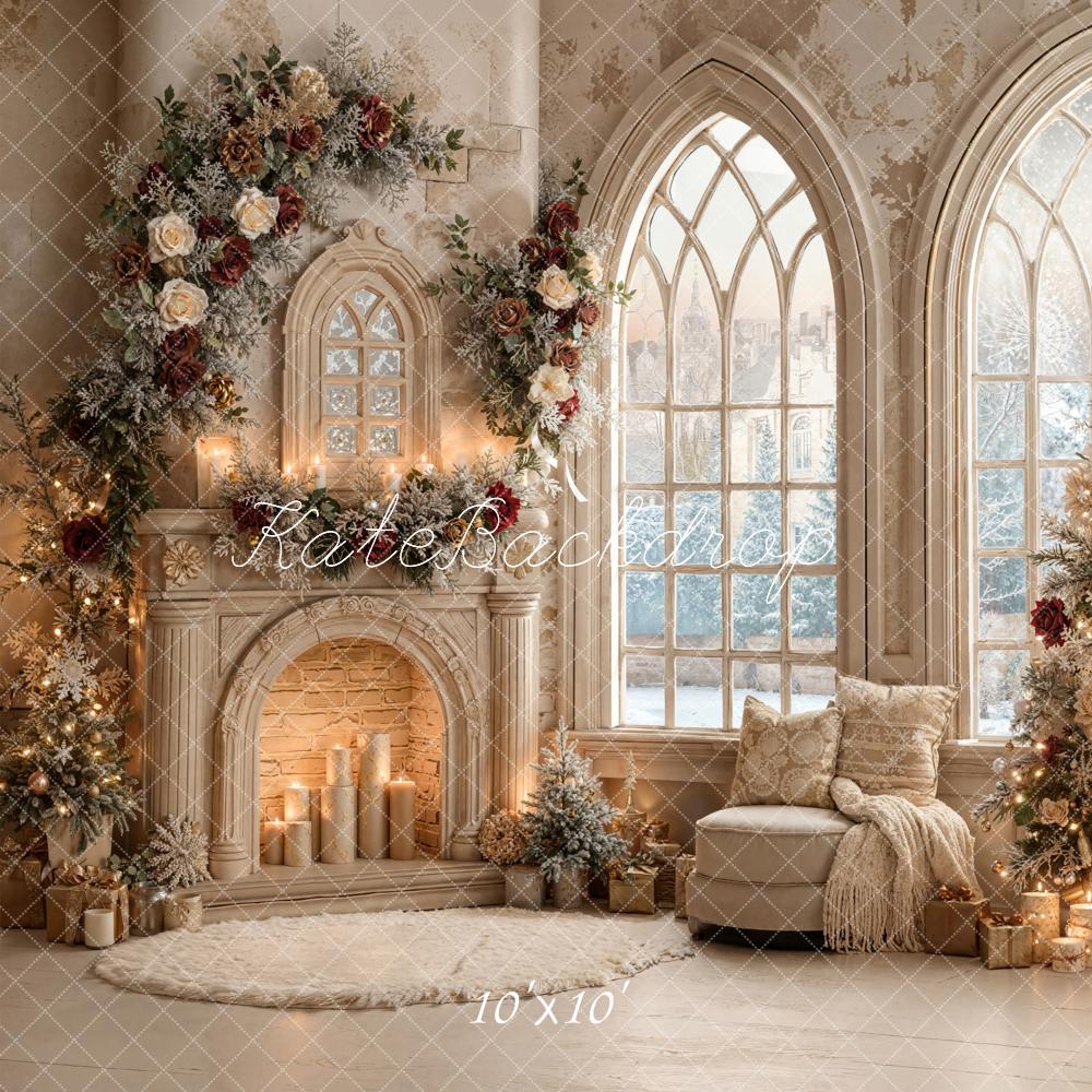 Kate Christmas Fireplace Floral Arched Windows Backdrop Designed by Emetselch