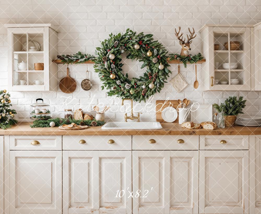 Kate Christmas Kitchen Wreath Garland Backdrop Designed by Emetselch - Kate Backdrop AU