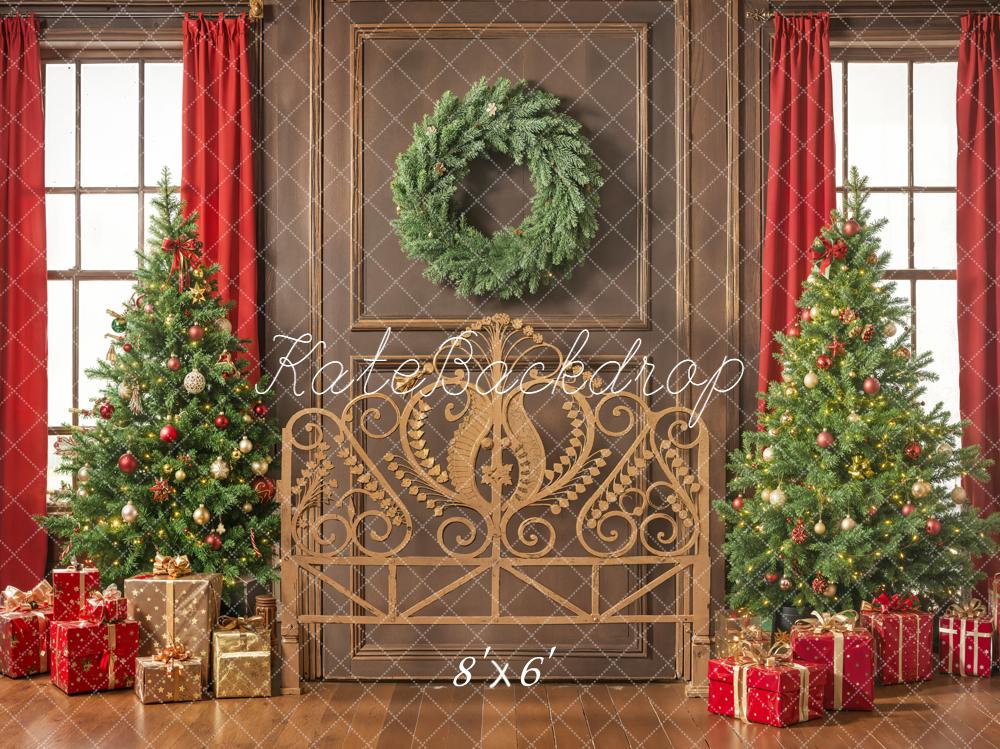 Kate Christmas Trees Wreath Red Curtains Backdrop Designed by Emetselch - Kate Backdrop AU