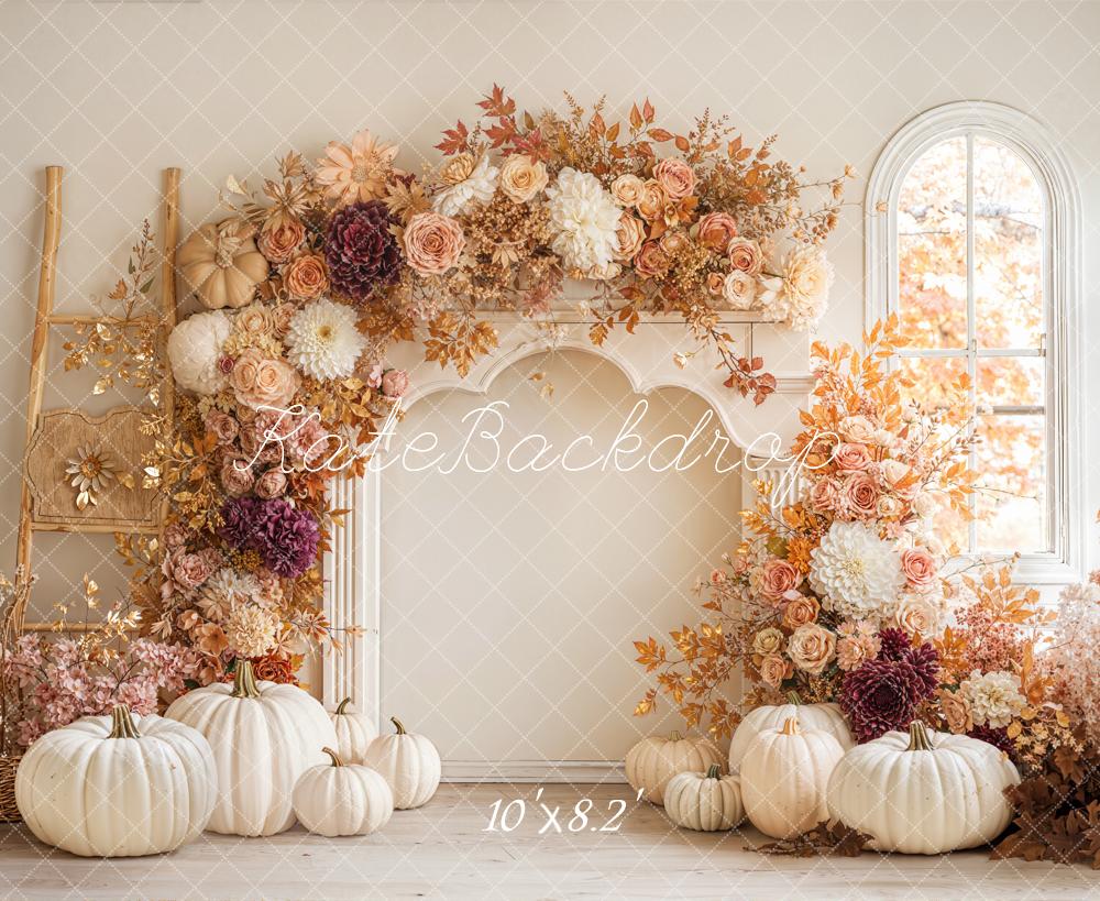 Kate Fall Flower Arch Pumpkins Fleece Backdrop Designed by Emetselch