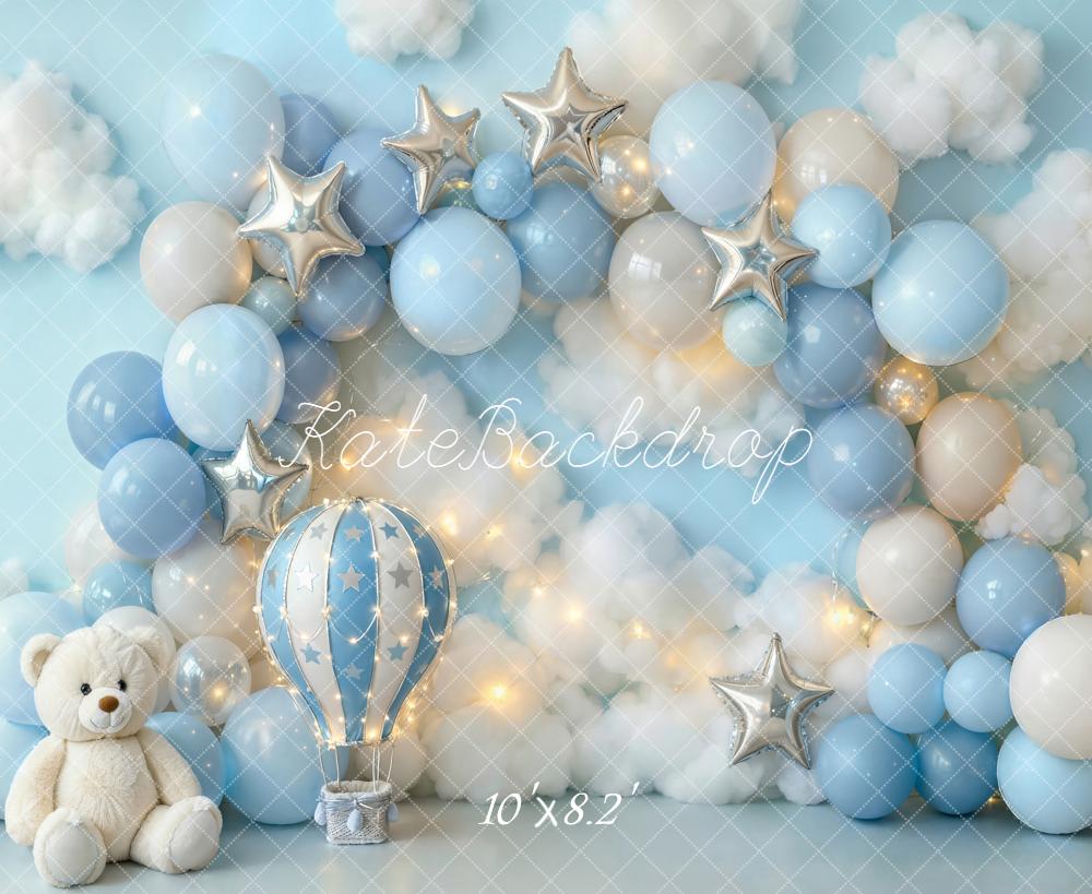 Kate Blue Balloons Stars Clouds Birthday Fleece Backdrop Designed by Emetselch
