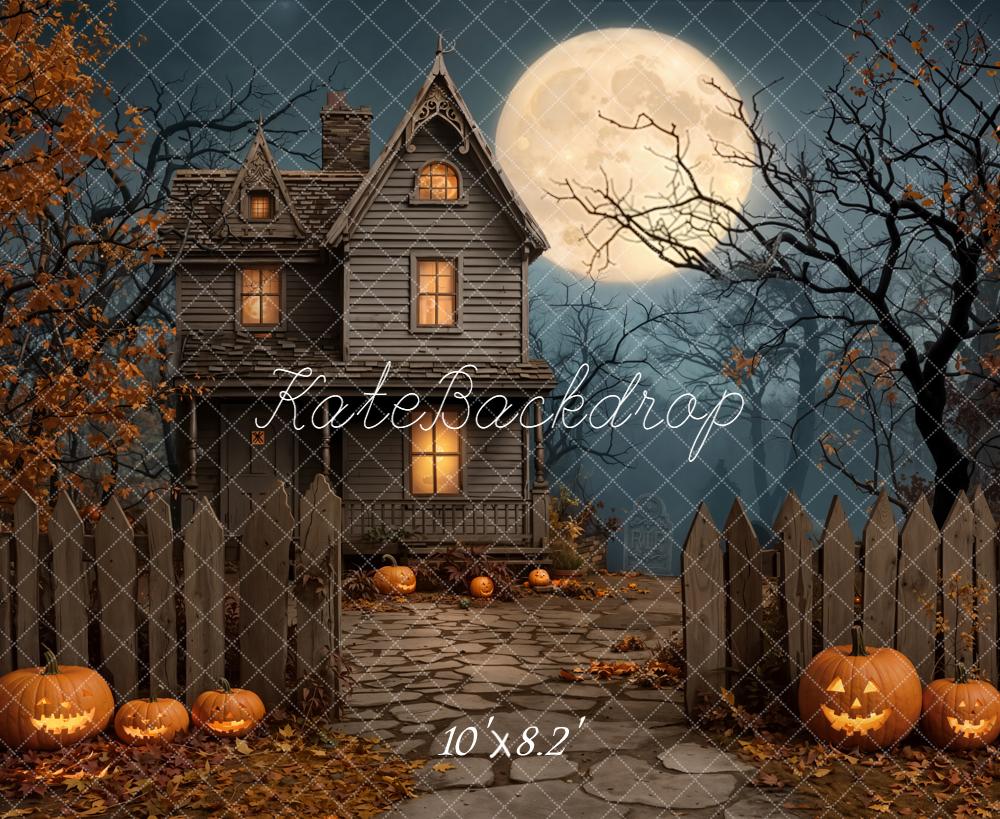 Kate Halloween Haunted House Pumpkins Full Moon Backdrop Designed by Emetselch