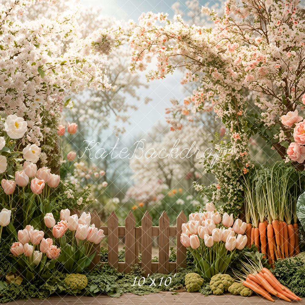 Kate Spring Blossoms Tulips Carrots Fence Backdrop Designed by Emetselch