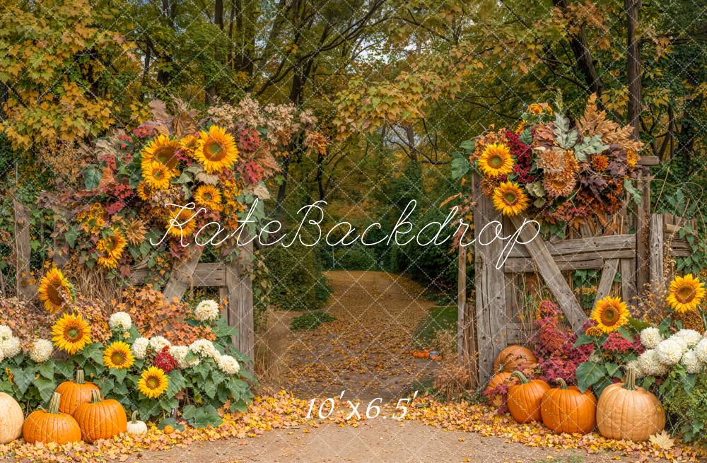 Kate Autumn Sunflowers Pumpkins Rustic Fence Backdrop Designed by Emetselch