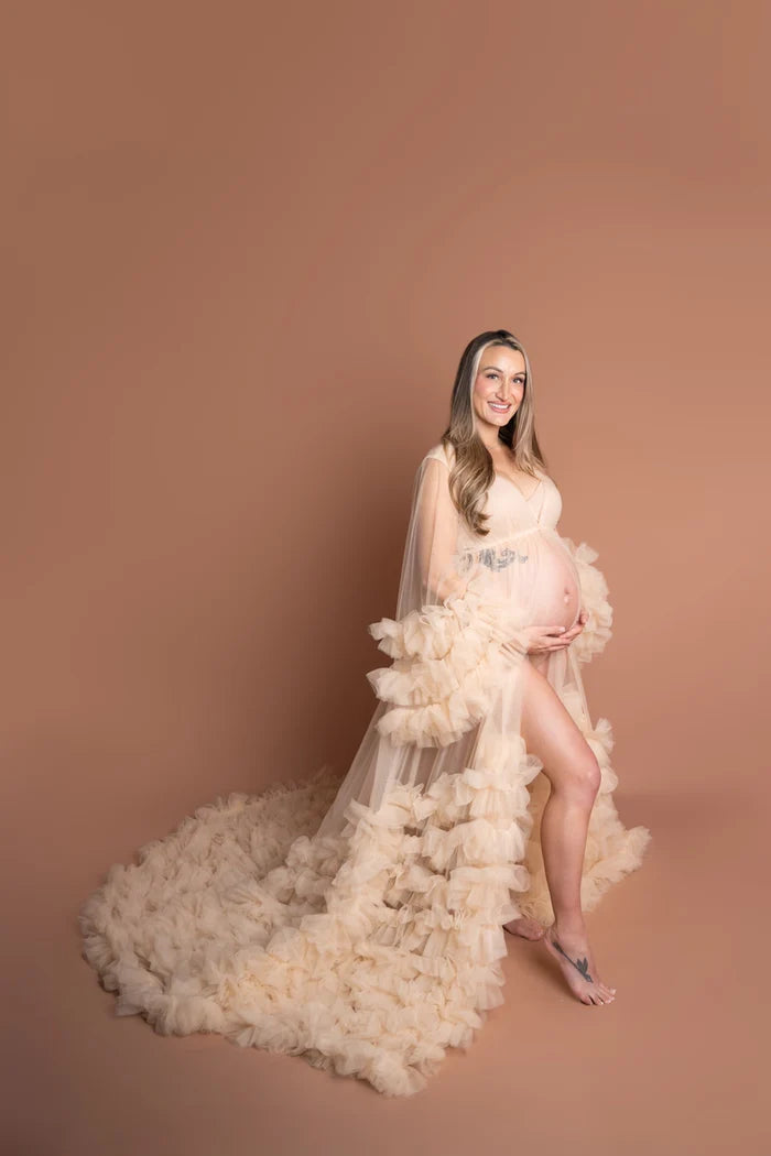 Kate Mesh V-neck Trailing Mid Sleeve Maternity Photoshoot Dress - Kate Backdrop AU