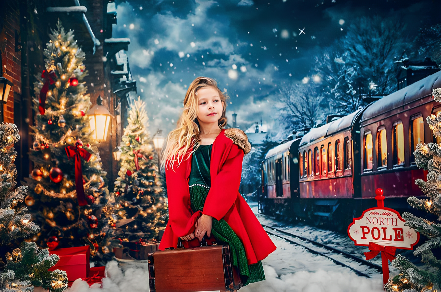 Kate Winter Christmas Tree Train Backdrop Designed by Emetselch - Kate Backdrop AU