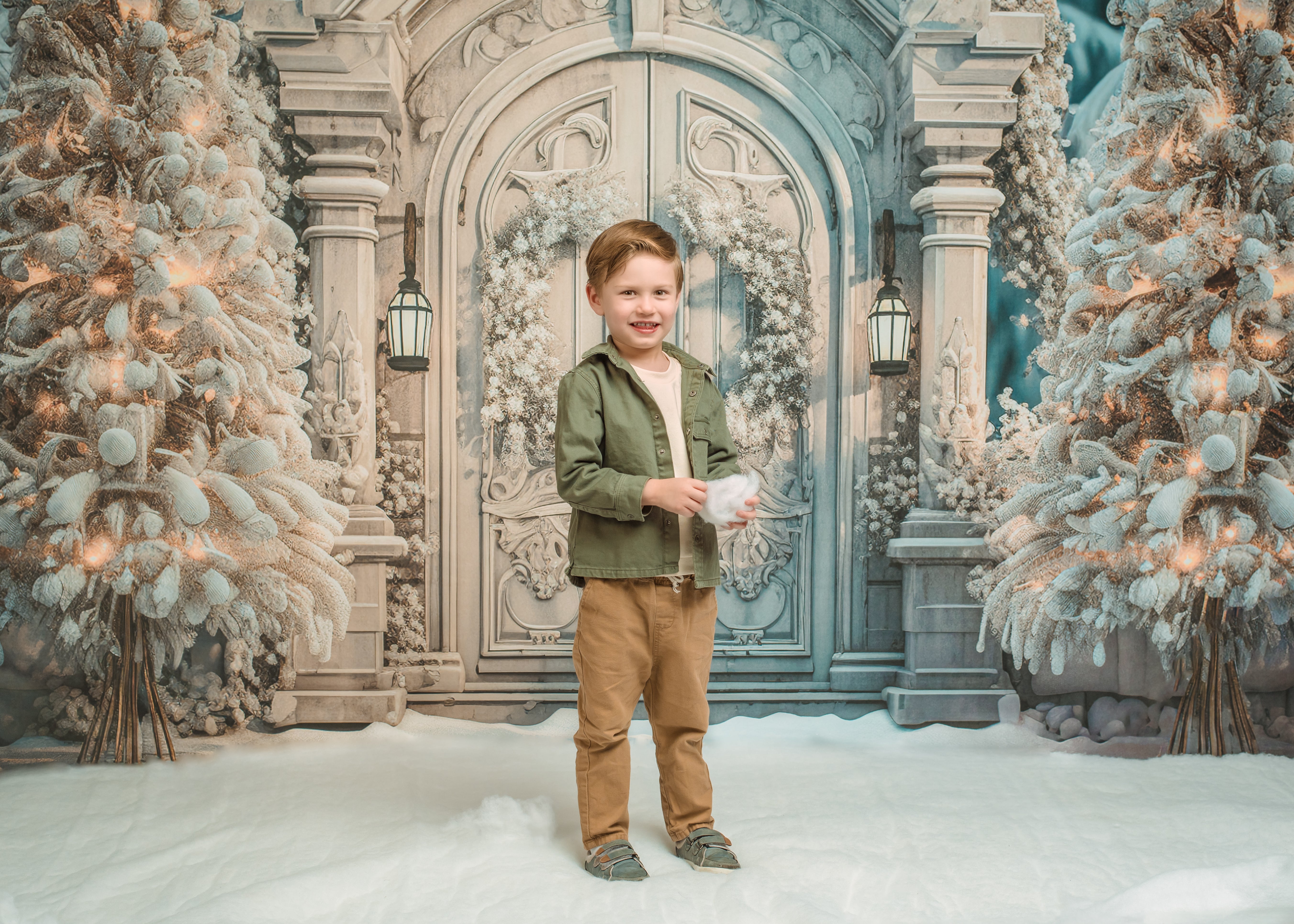 Kate Winter Christmas Snowy Backdrop Frosted White Door Tree for Photography - Kate Backdrop AU