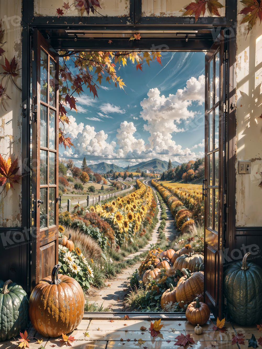 Kate Autumn Blue Sky Farm Sunflower Door Backdrop for Photography - Kate Backdrop AU