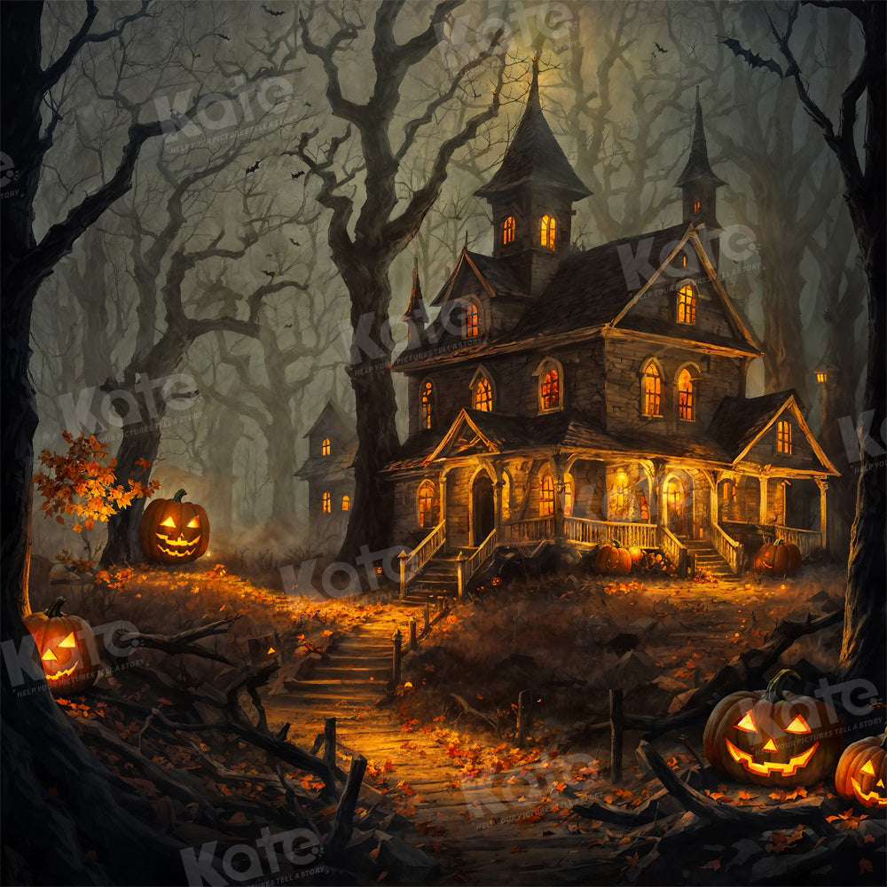 Kate Halloween Spooky Backdrop Pumpkin House in Forest for Photography - Kate Backdrop AU