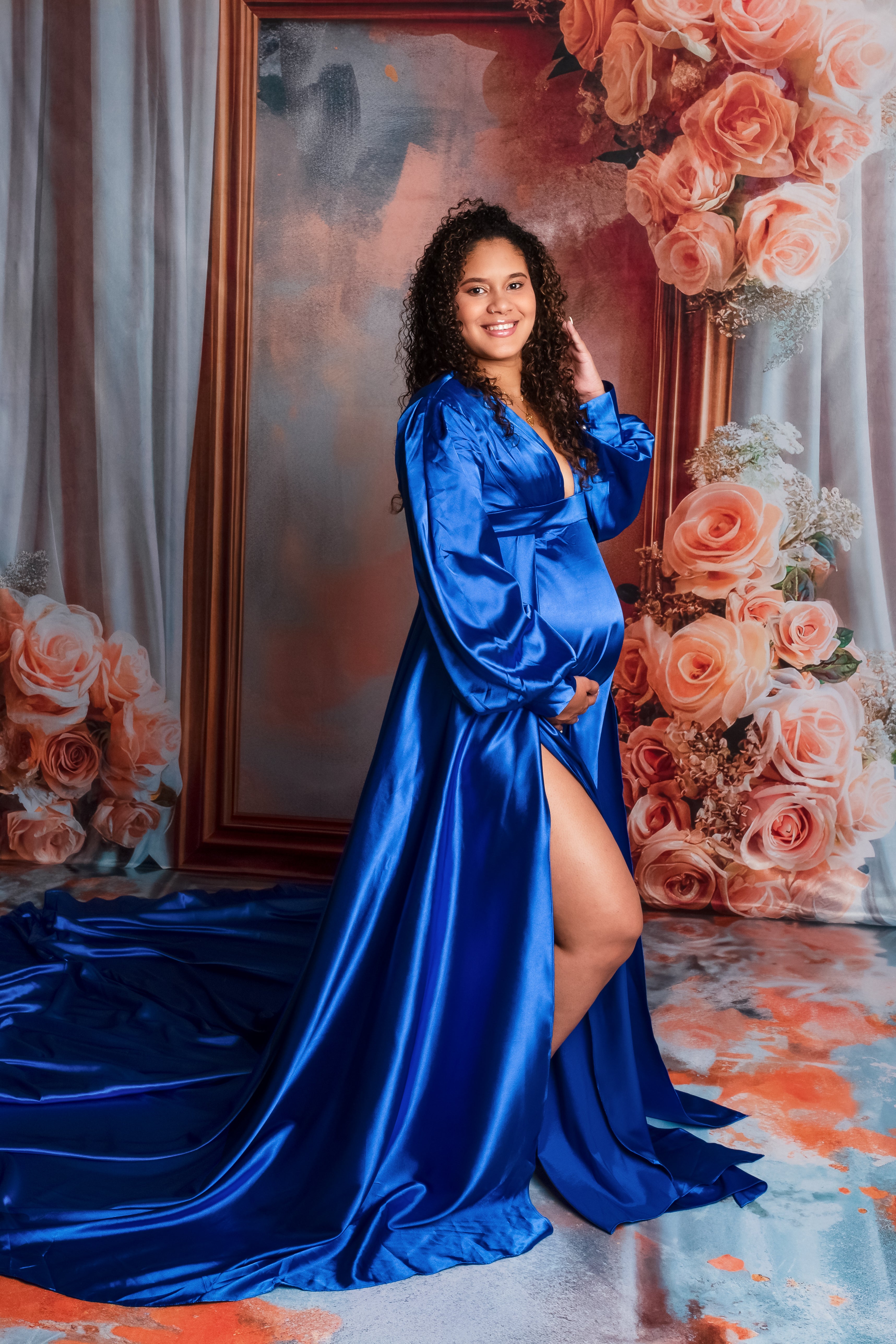 Kate Sapphire Blue Long Sleeve Satin Blue Maternity Photoshoot Dress - Kate Backdrop AU