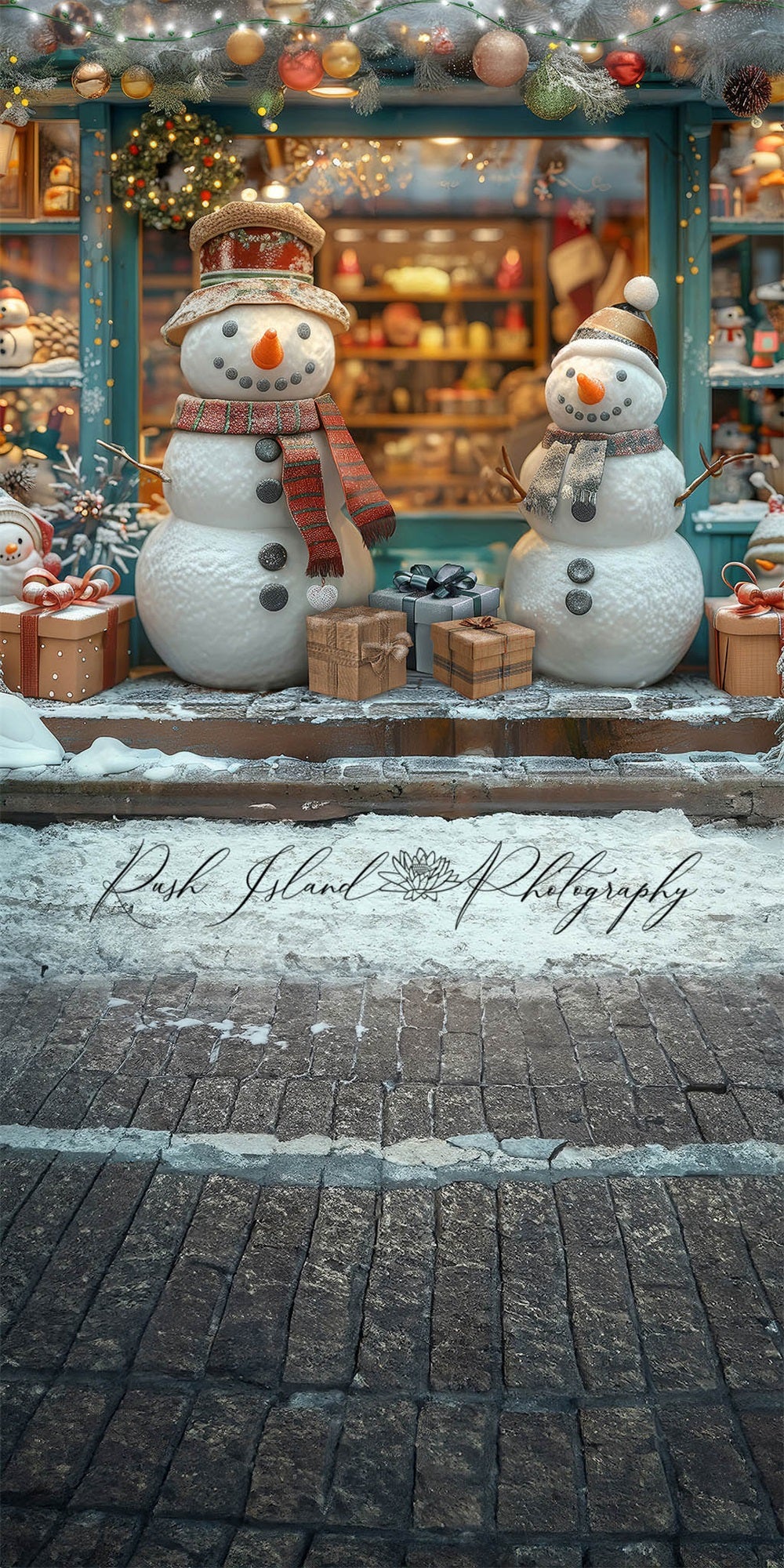 Kate Sweep Christmas Backdrop Happy Snowman Shop Brick Designed by Laura Bybee - Kate Backdrop AU