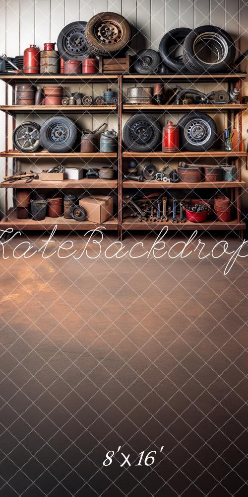 Kate Sweep Mechanic Garage Shelves Backdrop Mandy Ringe Photography