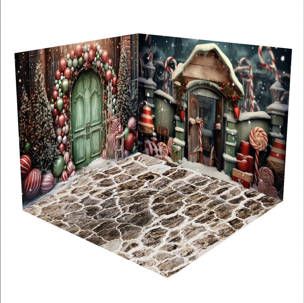 Kate Christmas Tree House Stone Texture Floor Room Set(8ftx8ft&10ftx8ft&8ftx10ft) - Kate Backdrop AU