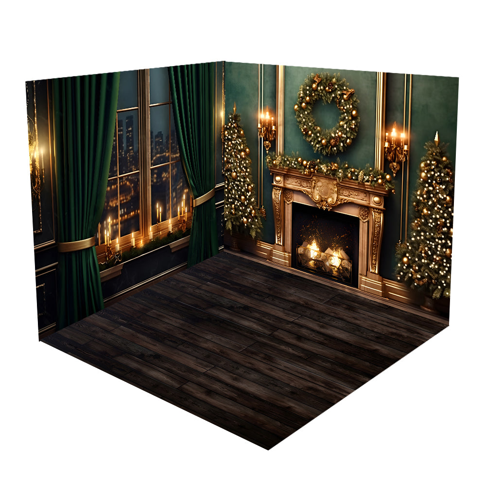 Kate Christmas Fireplace City Night Green Room Set(8ftx8ft&10ftx8ft&8ftx10ft) - Kate Backdrop AU