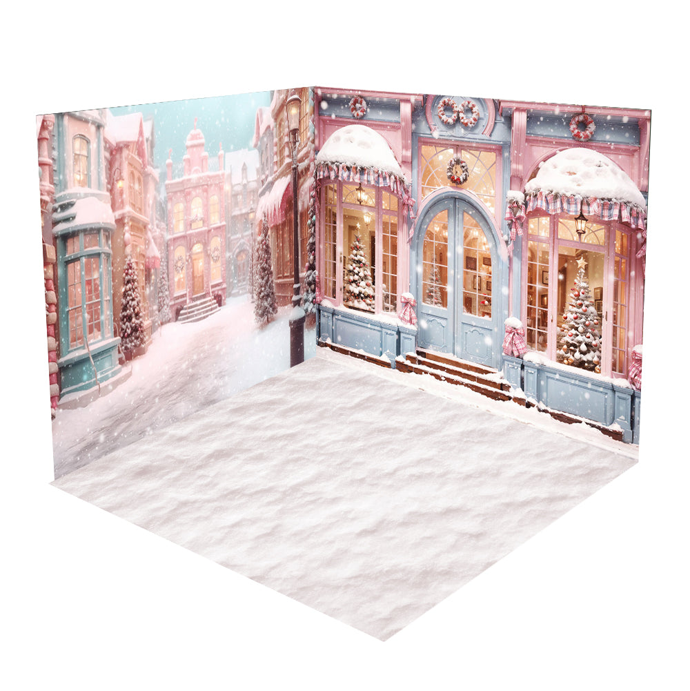 Kate Christmas Snowy Pink Street Store Room Set(8ftx8ft&10ftx8ft&8ftx10ft) - Kate Backdrop AU