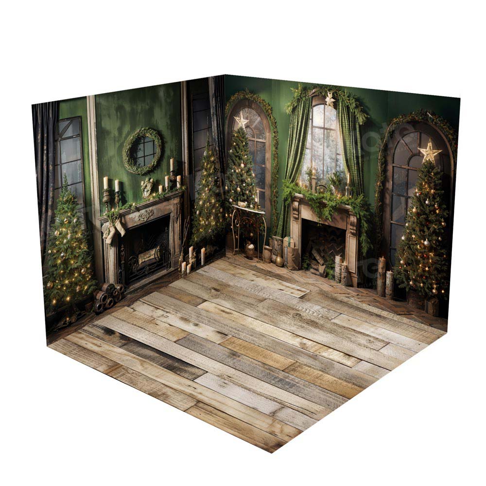 Kate Christmas Tree Fireplace Old Green House Room Set(8ftx8ft&10ftx8ft&8ftx10ft) - Kate Backdrop AU