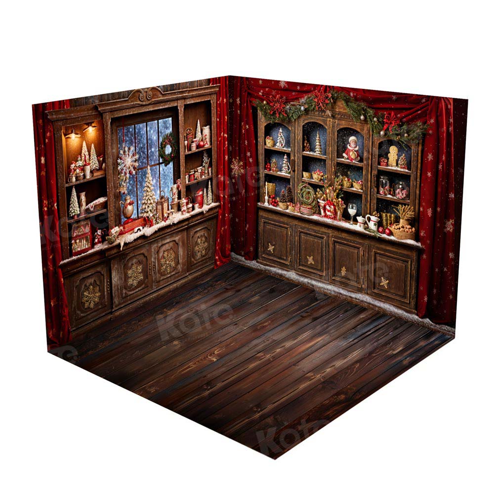 Kate Christmas Red Brown Kitchen Snow Window Room Set(8ftx8ft&10ftx8ft&8ftx10ft) - Kate Backdrop AU