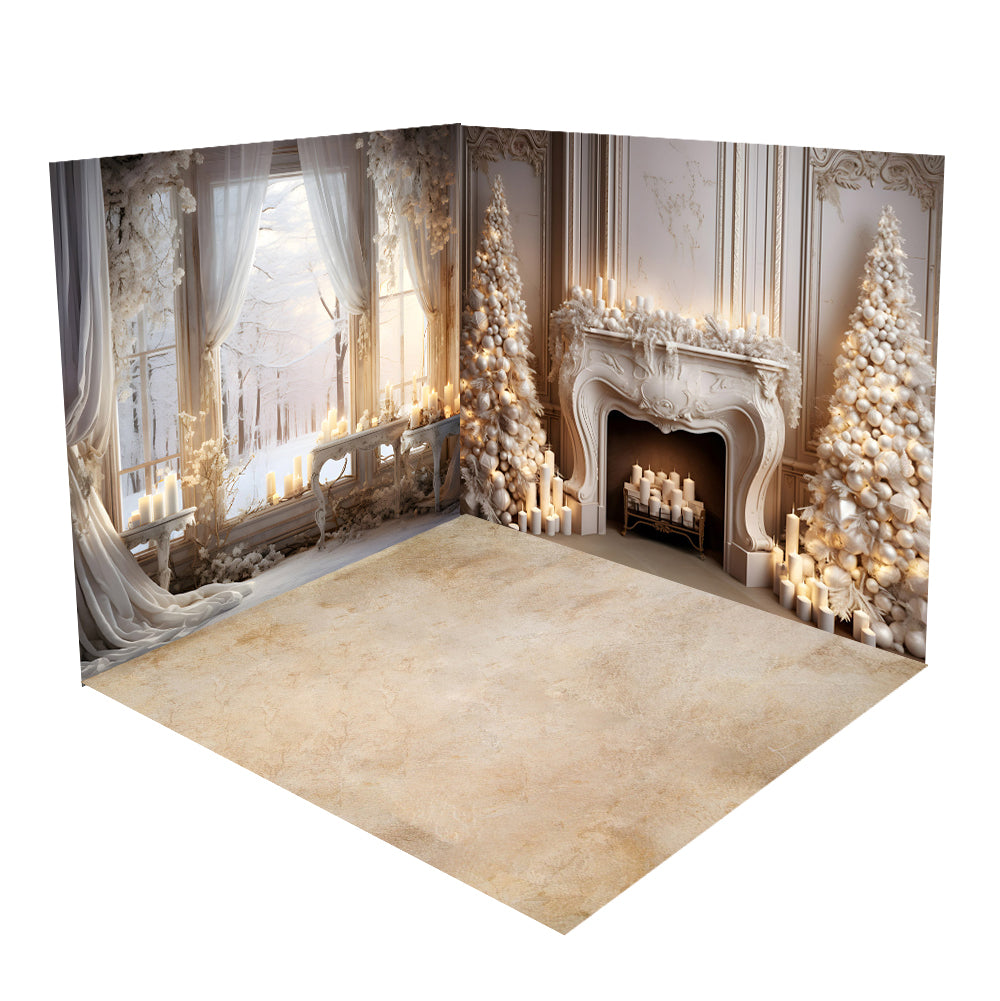 Kate White Elegant Christmas Fireplace Room Set(8ftx8ft&10ftx8ft&8ftx10ft) - Kate Backdrop AU