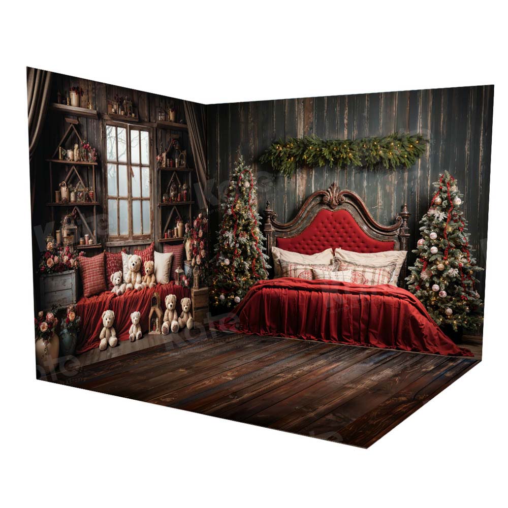 Kate Christmas Red Headboard Teddy Bear Room Set(8ftx8ft&10ftx8ft&8ftx10ft) - Kate Backdrop AU