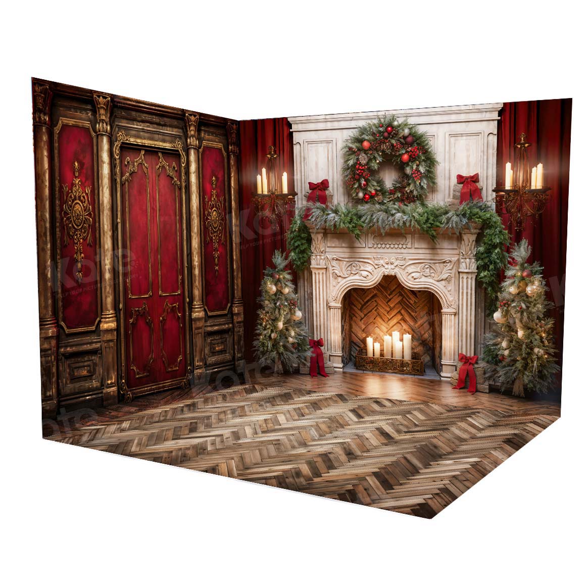 Kate Christmas Victorian Red Wall Fireplace Room Set(8ftx8ft&10ftx8ft&8ftx10ft) - Kate Backdrop AU