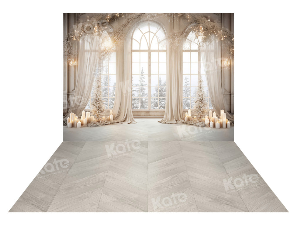 Kate Winter Window Candle Backdrop +Wood Grain Floor Backdrop for Photography