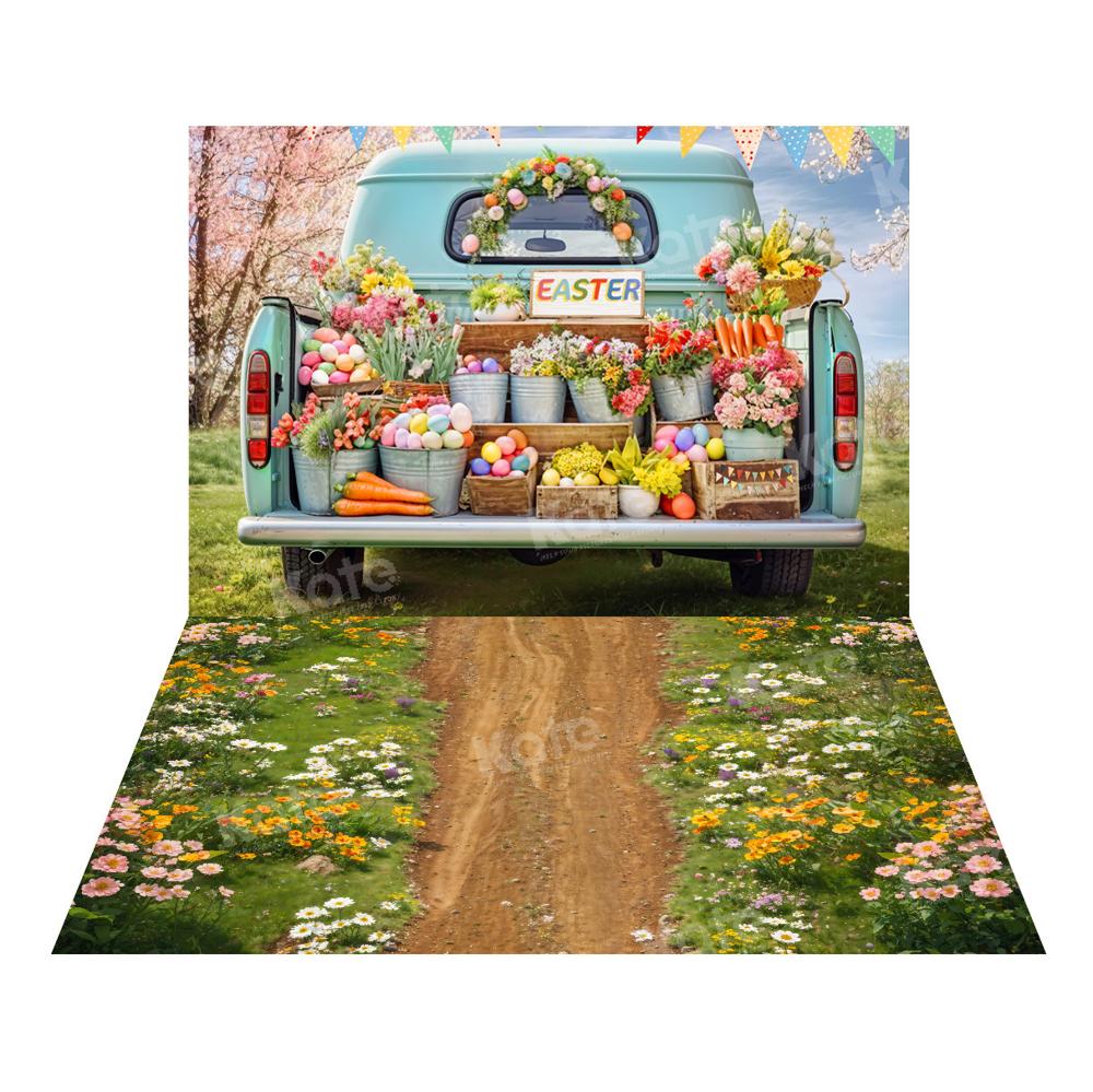 Kate Easter Truck Green Plant Backdrop+Spring Flowers Field Path Floor Backdrop - Kate Backdrop AU