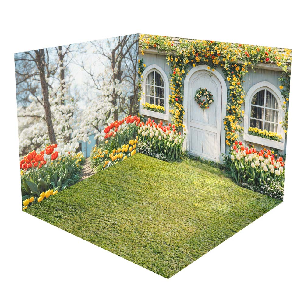 Kate Spring Flowers House Green Grassland Room Set(8ftx8ft&10ftx8ft&8ftx10ft) - Kate Backdrop AU