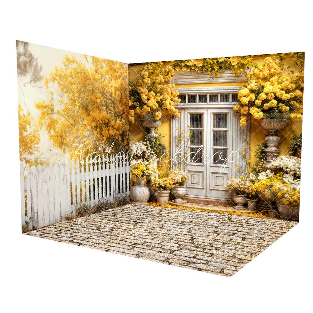 Kate Yellow Blooming Flowers Fence Brick Floor Room Set(8ftx8ft&10ftx8ft&8ftx10ft) - Kate Backdrop AU