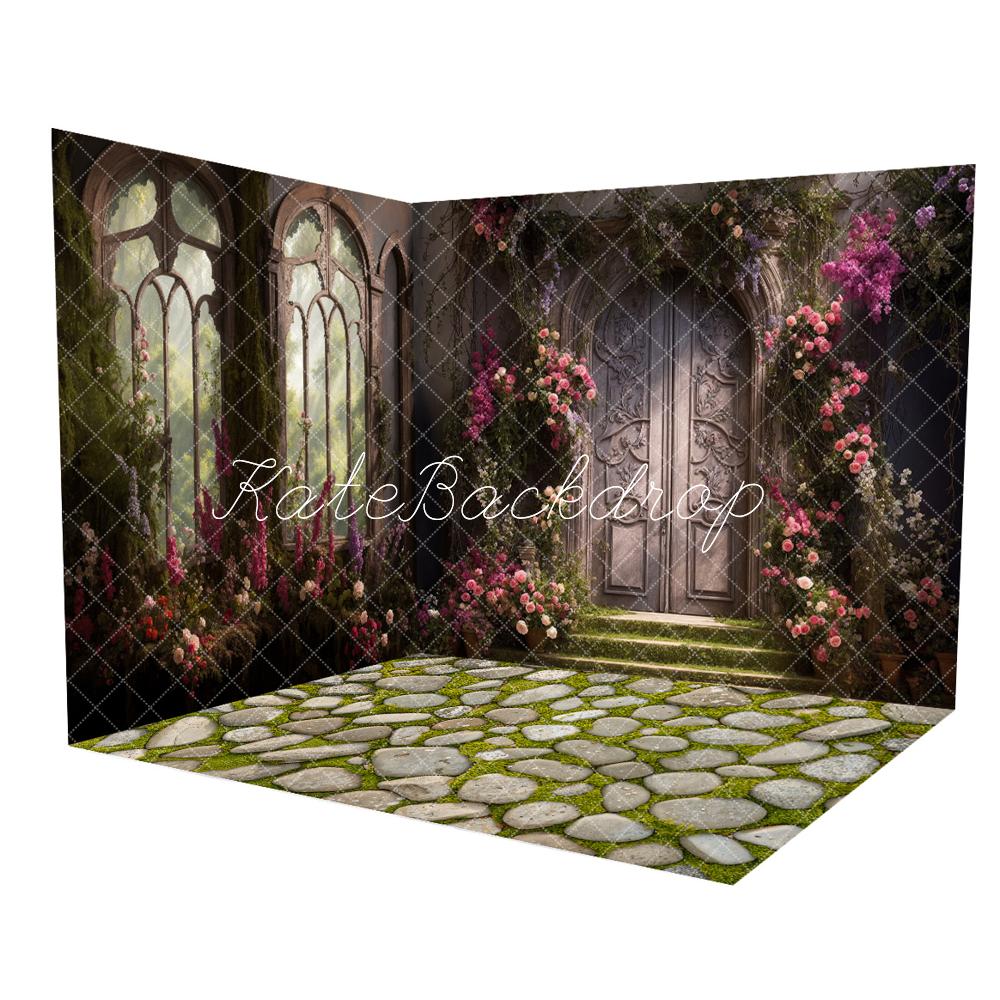 Kate Spring Flowers Door Windows Stones Grass Floor Room Set(8ftx8ft&10ftx8ft&8ftx10ft) - Kate Backdrop AU