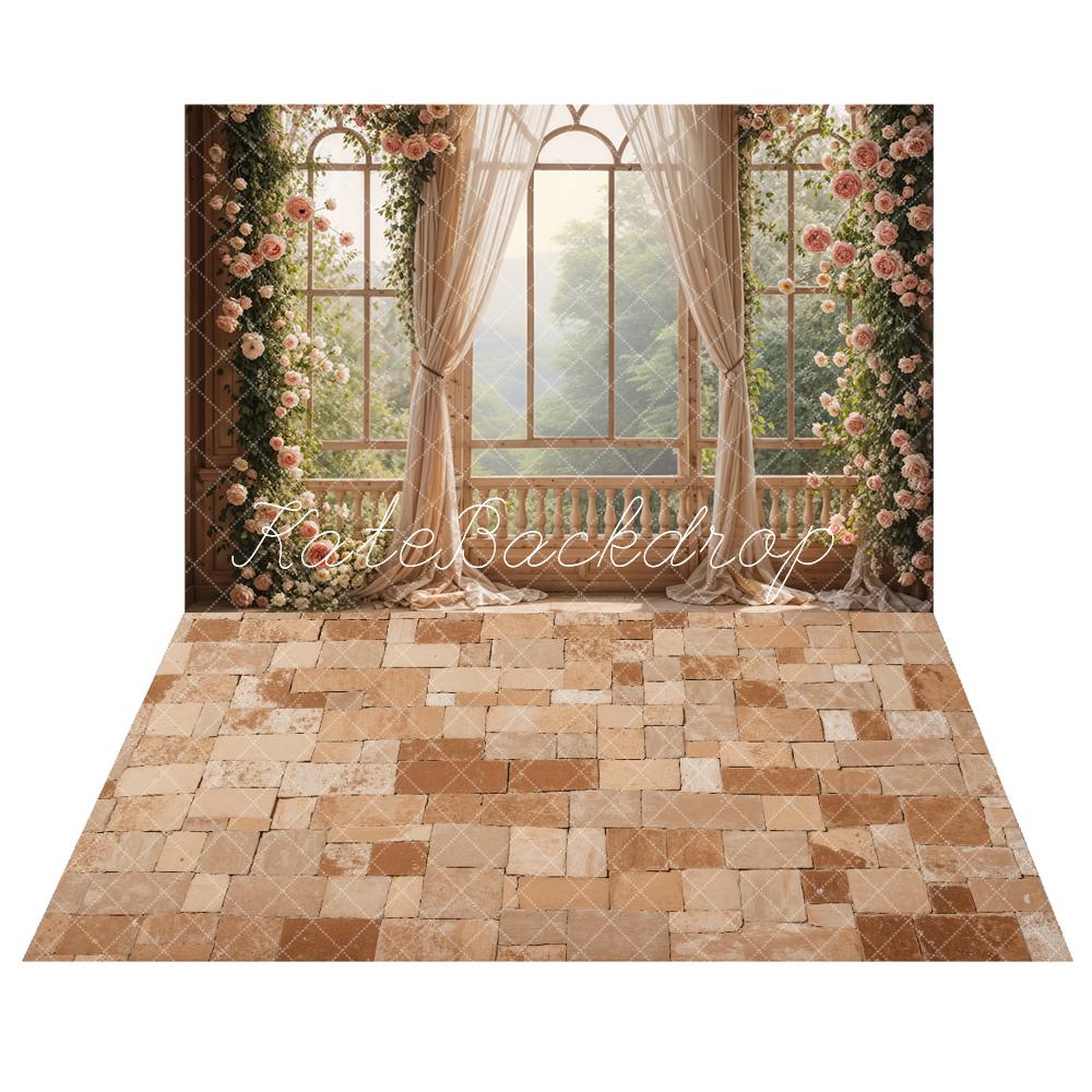 Kate Spring Pink Flowers Window Room Backdrop+Distressed Brick Floor Backdrop - Kate Backdrop AU