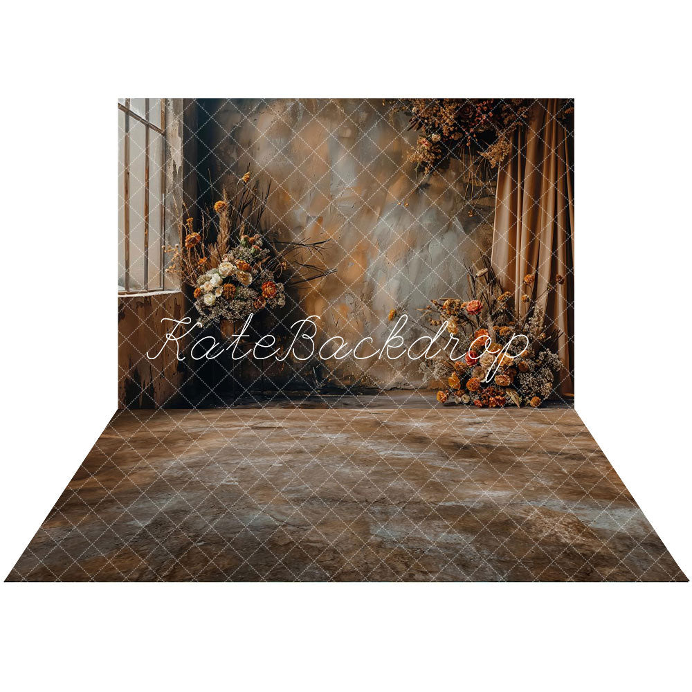 Kate Boho Abstract Dried Flower Curtain Backdrop+Brown Gray Mix Color Texture Floor Backdrop - Kate Backdrop AU
