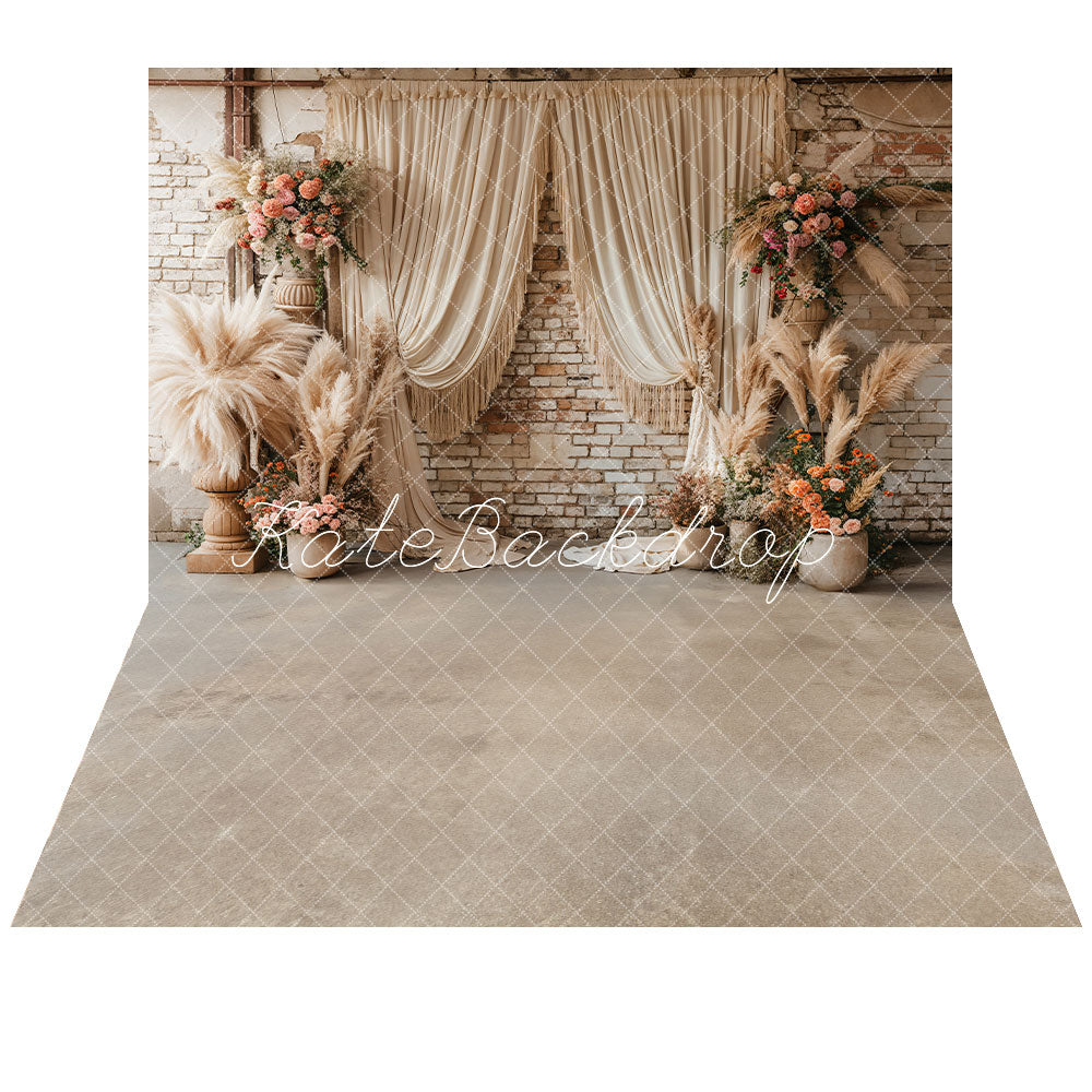 Kate Brick Wall Flowers Boho Backdrop+Grey Abstract Floor Backdrop - Kate Backdrop AU