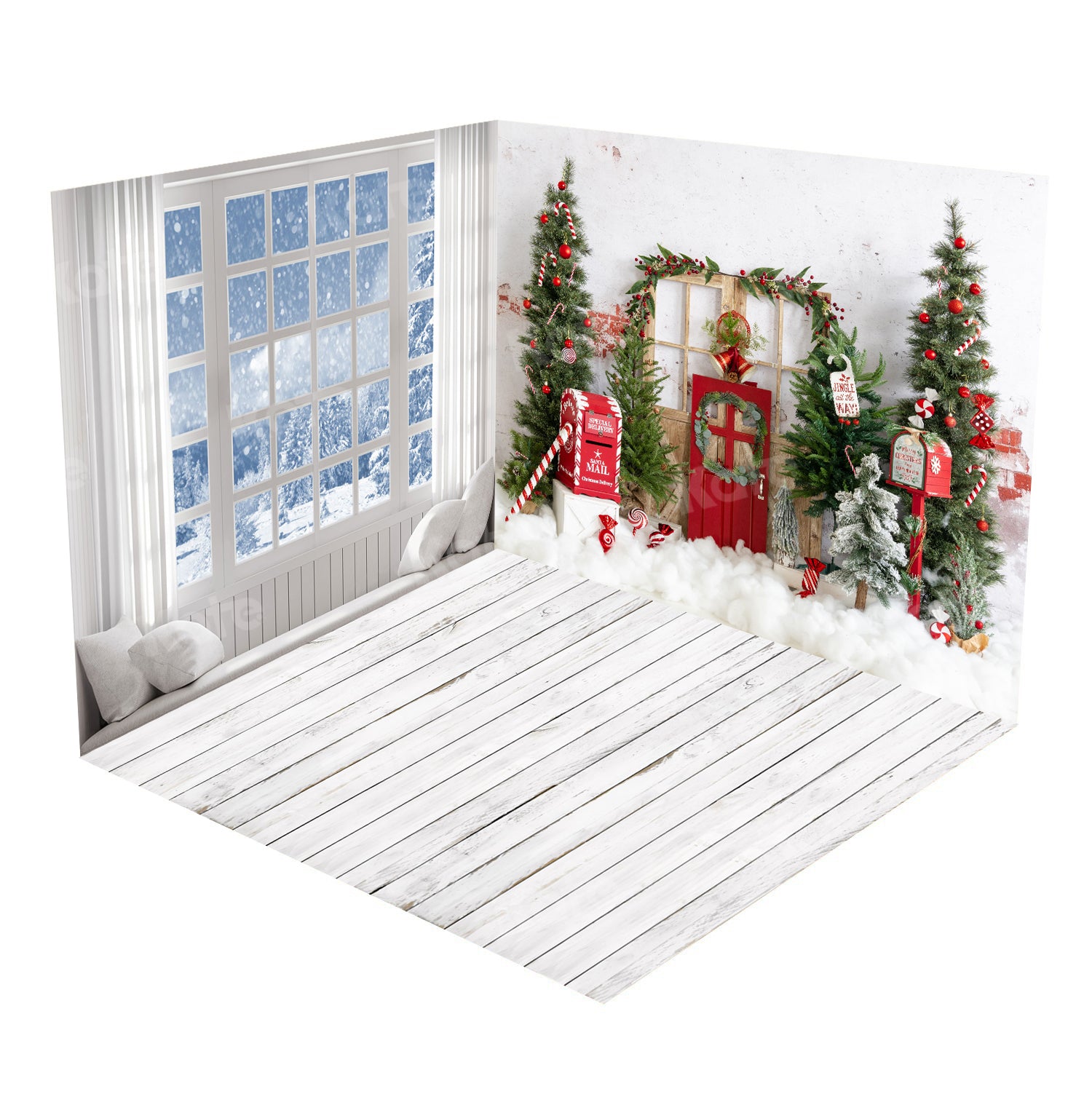 Kate Christmas Tree Snow Window Snowflake Mail Room Set(8ftx8ft&10ftx8ft&8ftx10ft) - Kate Backdrop AU