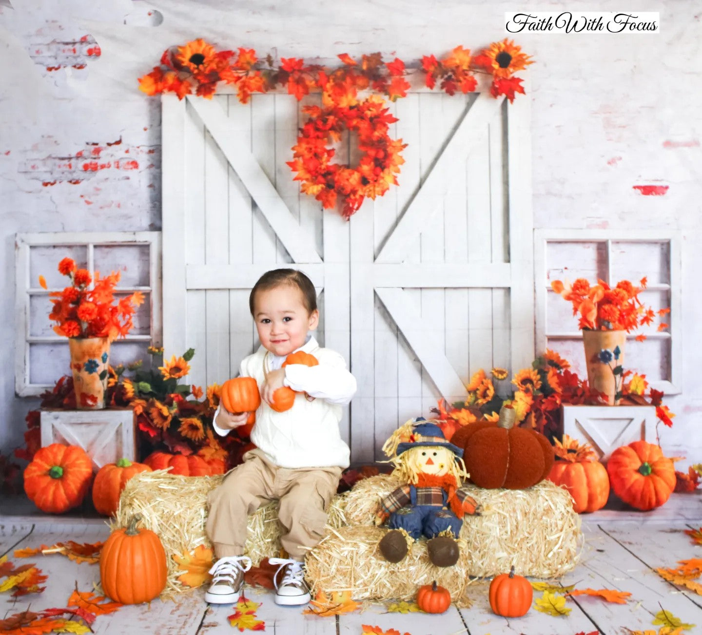 Kate Autumn Pumpkin Backdrop White Barn Door Fallen leaves Designed by Emetselch