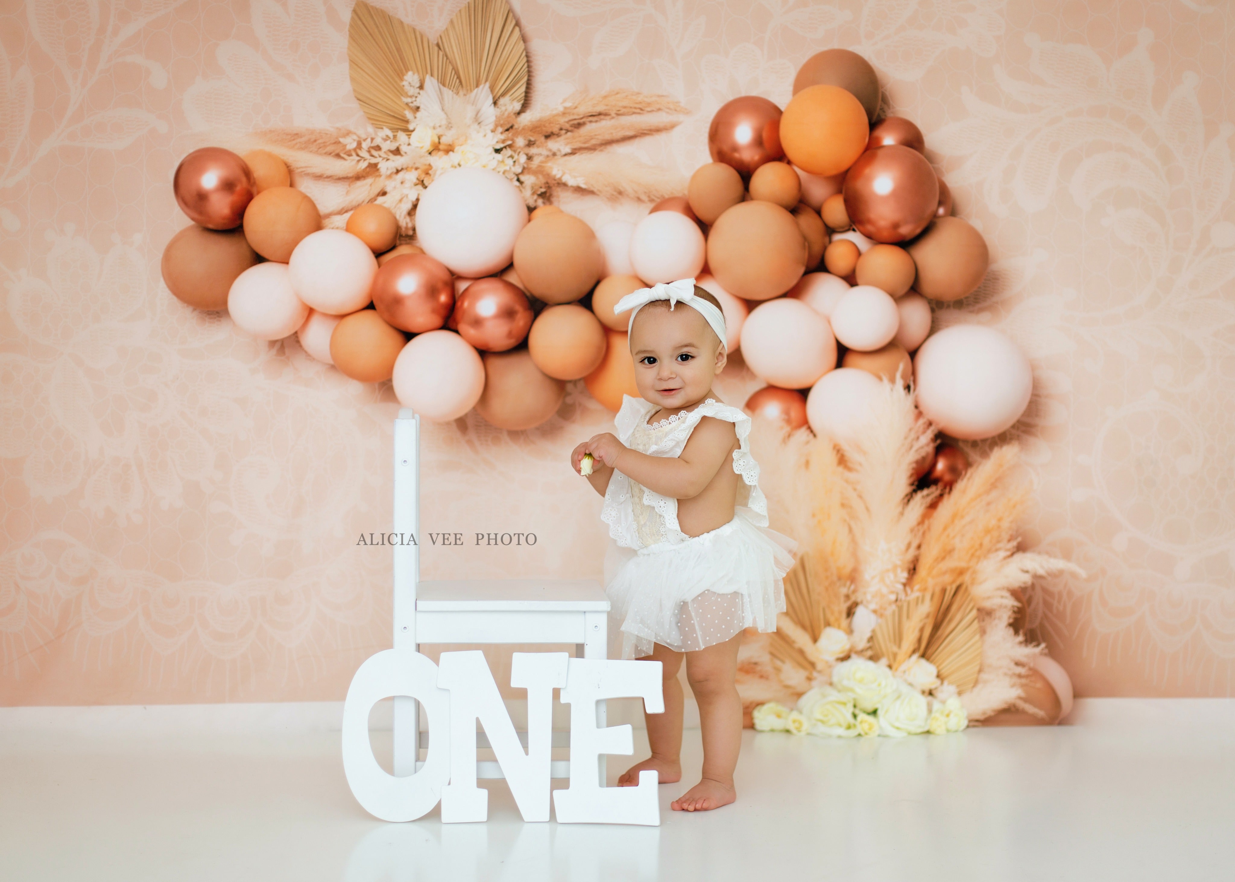 Kate Floral Boho Cream Balloon Lace Pampas Backdrop for Photography Designed by Kerry Anderson - Kate Backdrop AU
