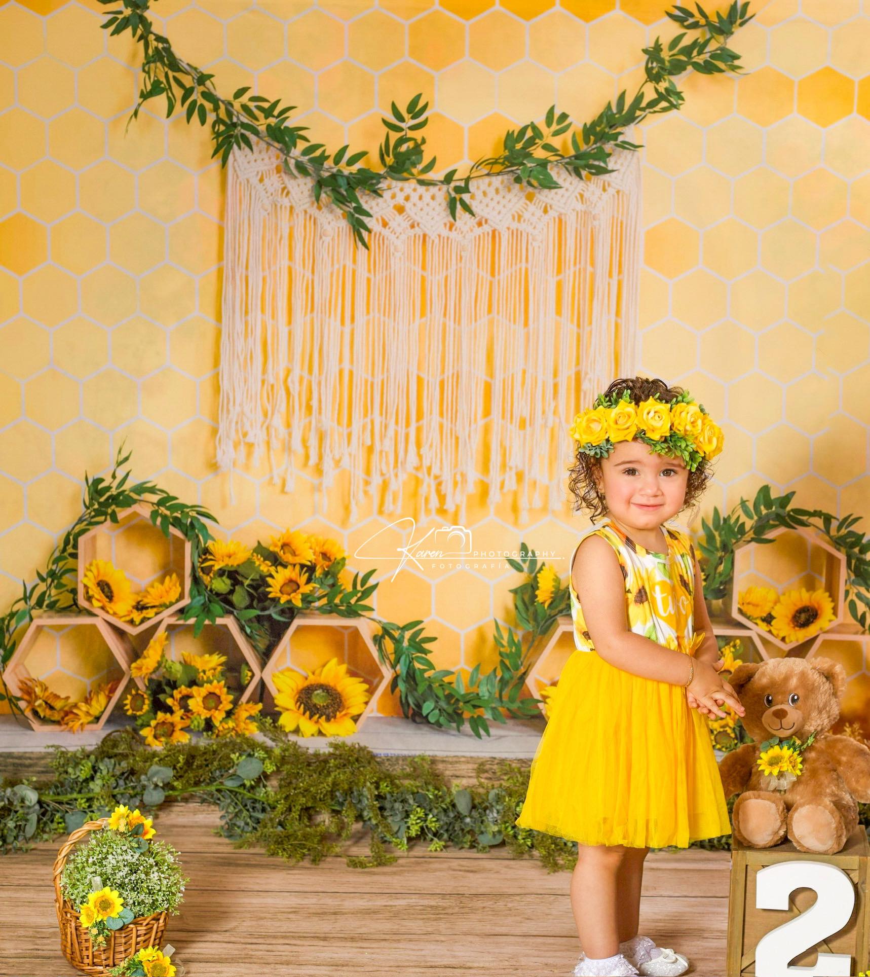 Kate Honeycomb Backdrop Yellow Boho Sunflower Cake Smash Designed by Emetselch - Kate Backdrop AU