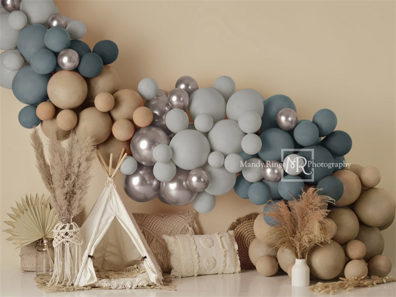 Kate Boho Balloons Tent Fleece Backdrop Matte Blue Designed by Mandy Ringe Photography - Kate Backdrop AU