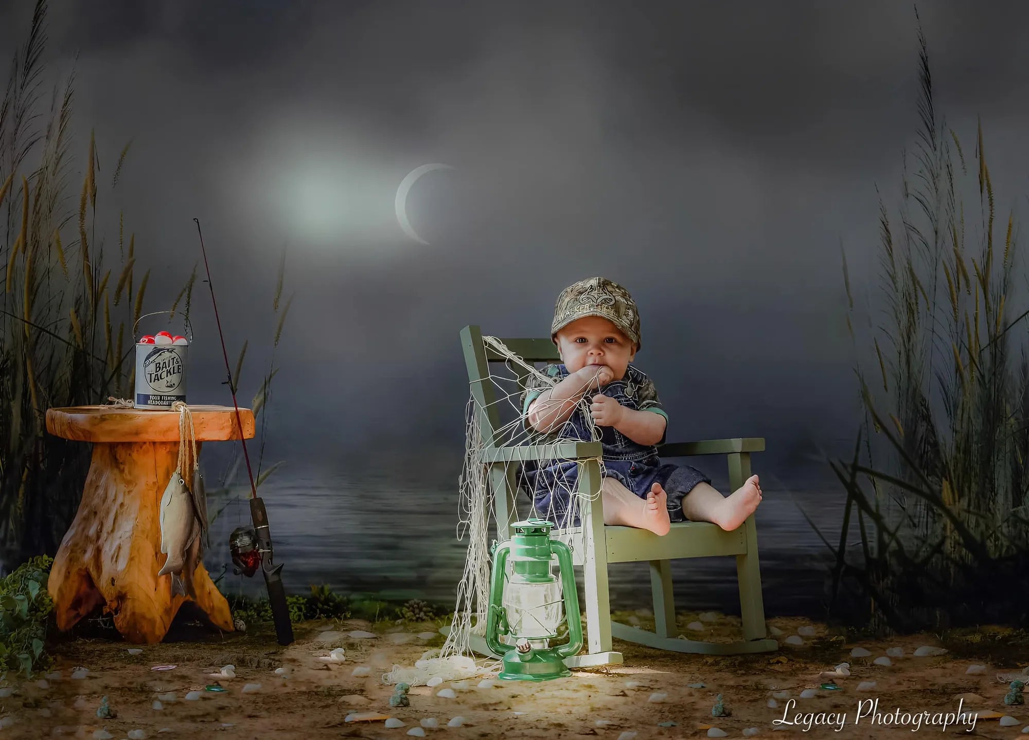 Boy holding fishing net sitting on chair in front of Reed Cloudy Sky Lake Backdrop