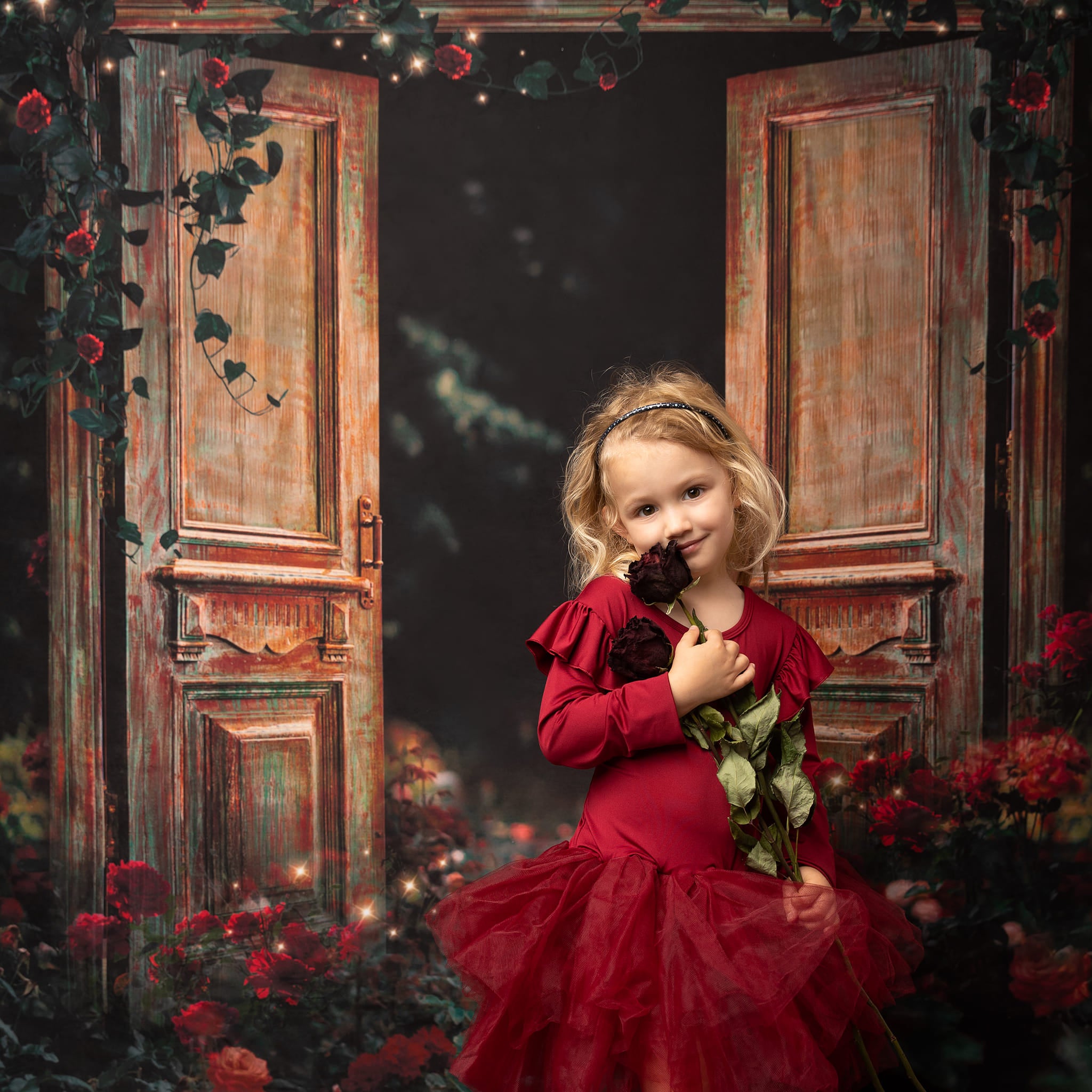 Kate Valentine's Day Night Rose Garden Door Backdrop for Photography - Kate Backdrop AU