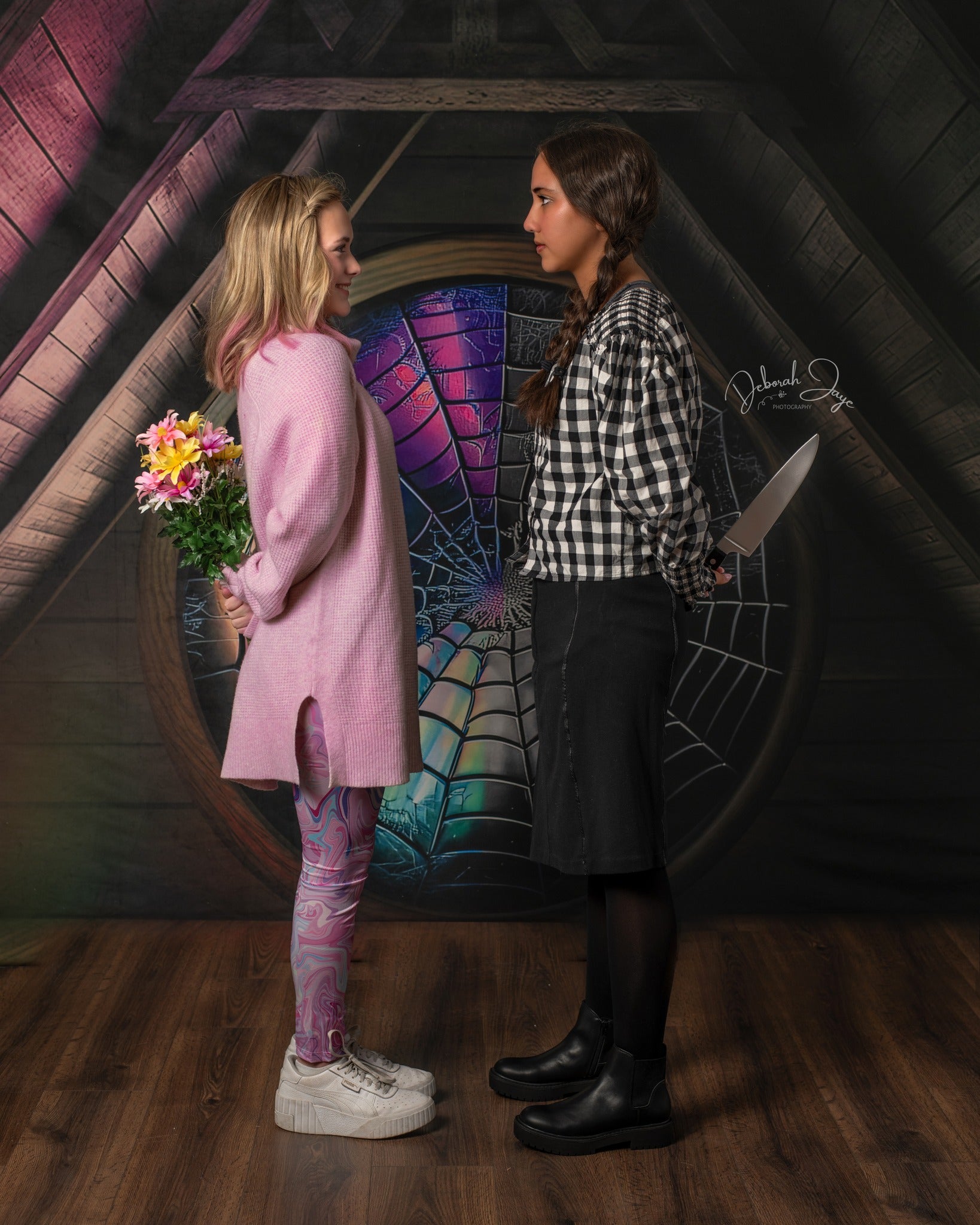 Kate Spooky Halloween Backdrop Attic Dorm Room Colorful Spiderweb Window Designed by Mini MakeBelieve - Kate Backdrop AU